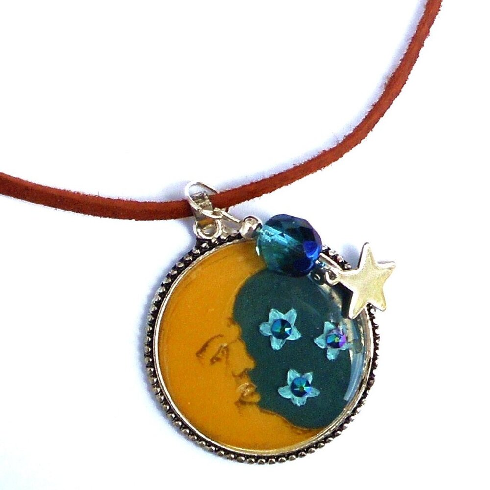 NEW Half Moon and Stars Pendant Leather Necklace Hand Painted Boho Jewelry